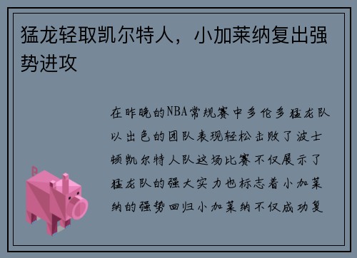 猛龙轻取凯尔特人，小加莱纳复出强势进攻